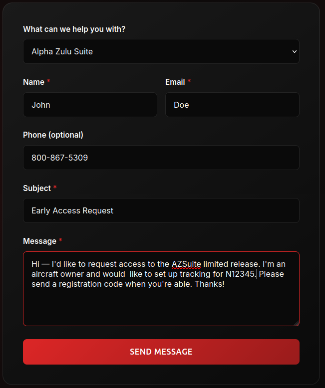 Contact form with the Alpha Zulu Suite inquiry type selected and a sample access-request message