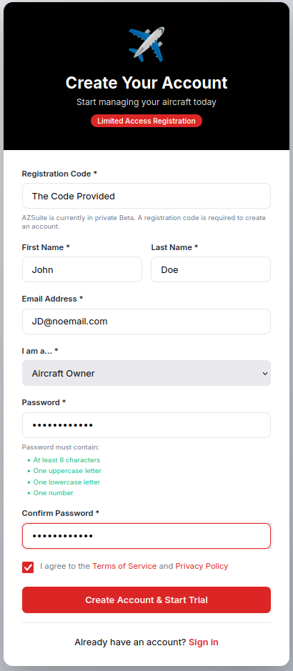 Registration form with Aircraft Owner selected and the password requirements visible