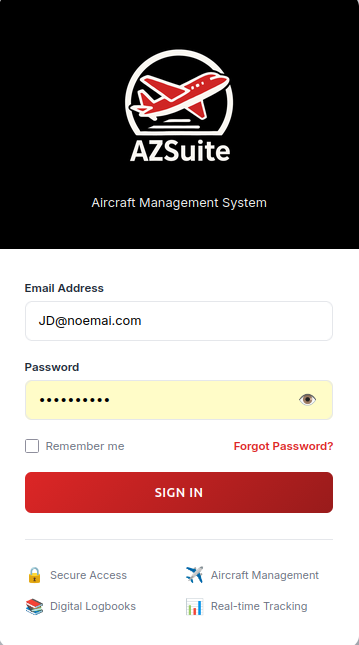 AZSuite sign-in screen with email and password fields