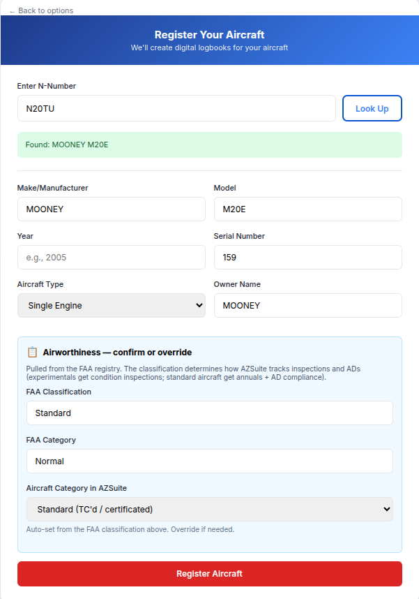 Onboarding wizard with FAA-populated aircraft details ready for review
