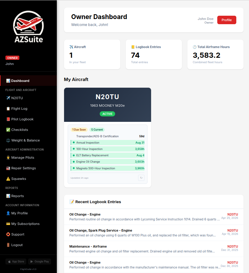 Owner dashboard immediately after onboarding, with the newly-registered aircraft visible in the sidebar