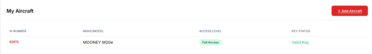 My Aircraft card on profile.php showing one previously-registered aircraft
