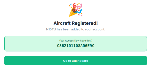 Success screen showing the generated access key for the newly-added aircraft with the Continue button